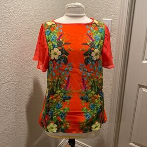 Jennie & Marlis Floral Sheer Lined Short Sleeve Blouse EUC Sz S Polyester